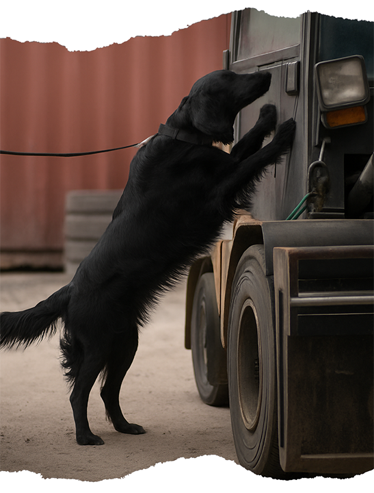 Hund söker efter narkotika i en hjullastare